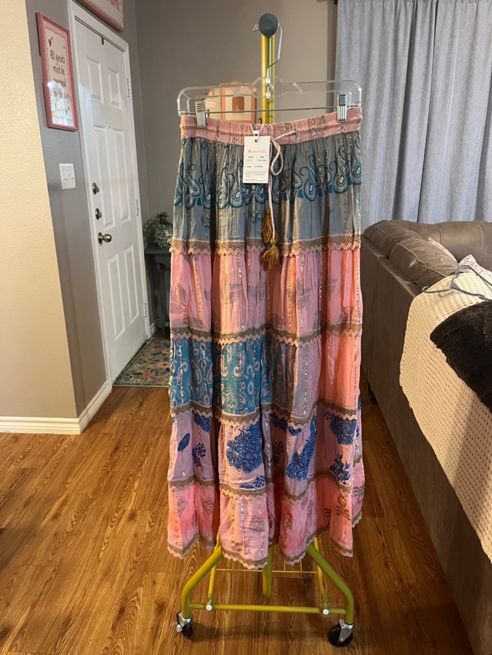 Tiered Bohemian Maxi Skirt in Pink and Blue